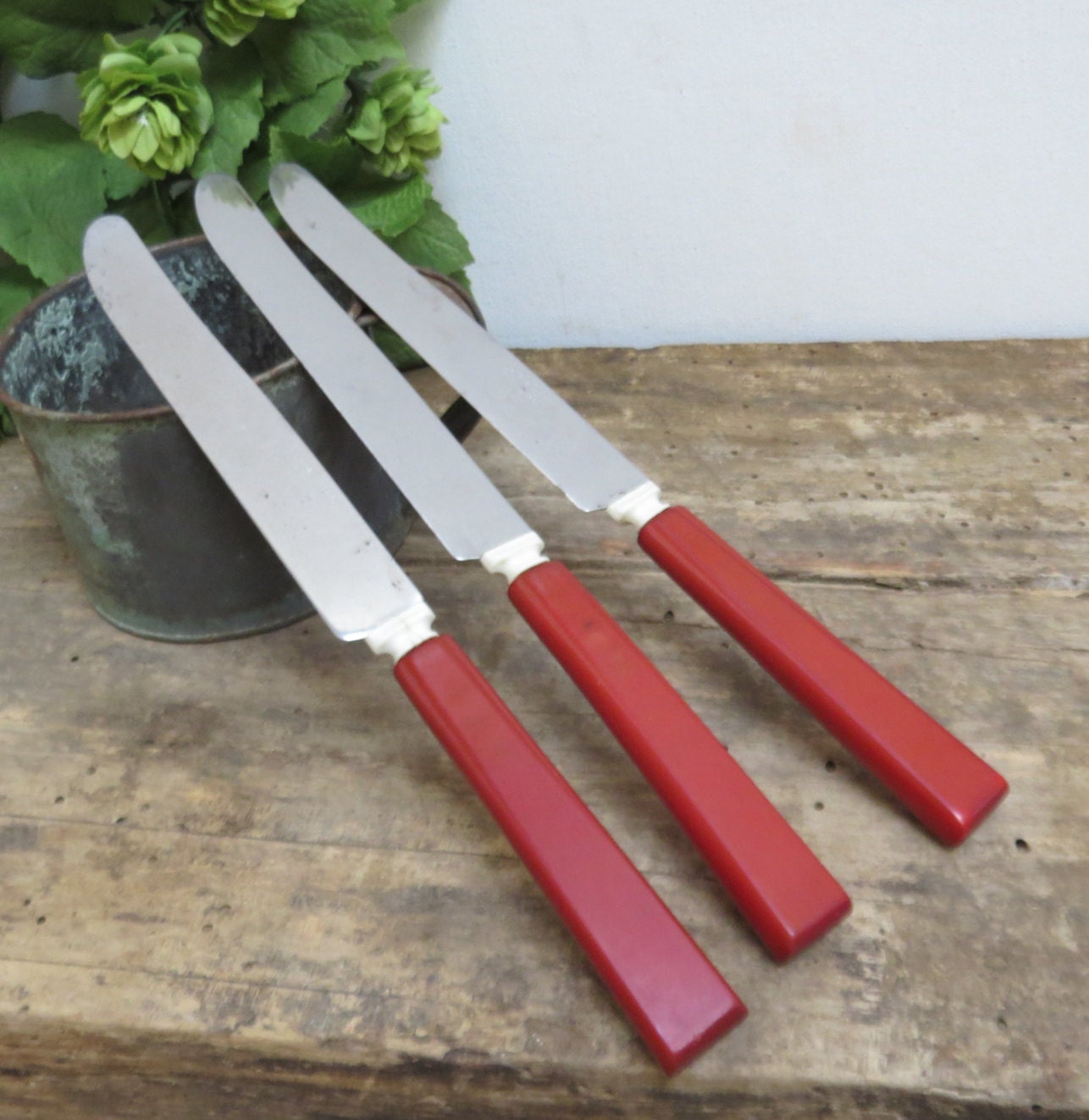 Vintage Red Orange Bakelite Knives Set of 3 Dinner Knives
