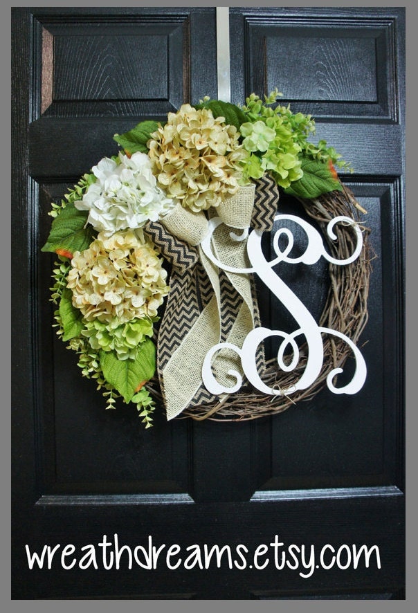 Antique White Hydrangea Wreath. Burlap Wreath. Year Round Wreath. Spring Wreath. Summer Wreath. Monogram Wreath. Door Wreath