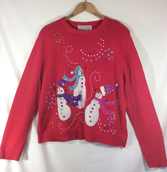 Items similar to Womens PINK Holiday Sweater with Sparkly Snowmen size ...