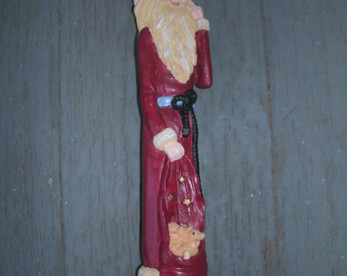 Santa column type candle holder - tall thin santa, old fashioned style, bag of teddy bears, top fits candle, Christmas decor, hand painted