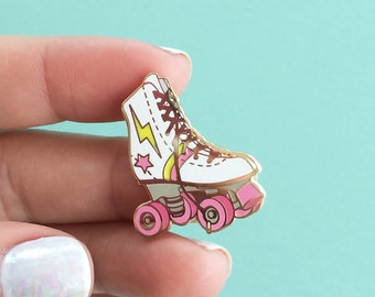 Roller Skate Enamel Pin, Flair – Lapel, Hard Enamel – Roller Derby Girl – Gold, White, Pink