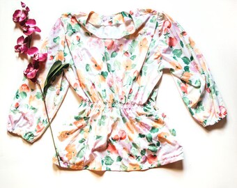 Vintage Peplum Top | Floral Shirt | Flower Top | 80s White Top | 80s Peplum Top | White Peplum Top - Size L Large