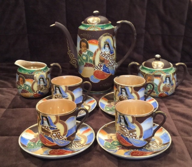 13 Piece Antique Japanese Satsuma Tea Set Service with Moriage