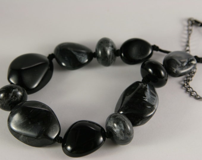 Black Polished Onyx Necklace Faux Black Agate Beaded Necklace Designed Signed M&S Necklace Beads Gemstone Necklace Chakra Healing Stones
