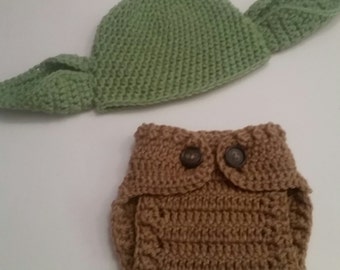 Crochet Yoda Hat and Diaper Cover Set, Baby Yoda Hat, Baby Diaper