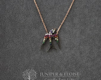 Martin Bird Necklace, Womens Necklace, 925 Silver Rose Gold plated Necklace, Fuchsia Zircon Bird Pendant, Rose Gold Necklace