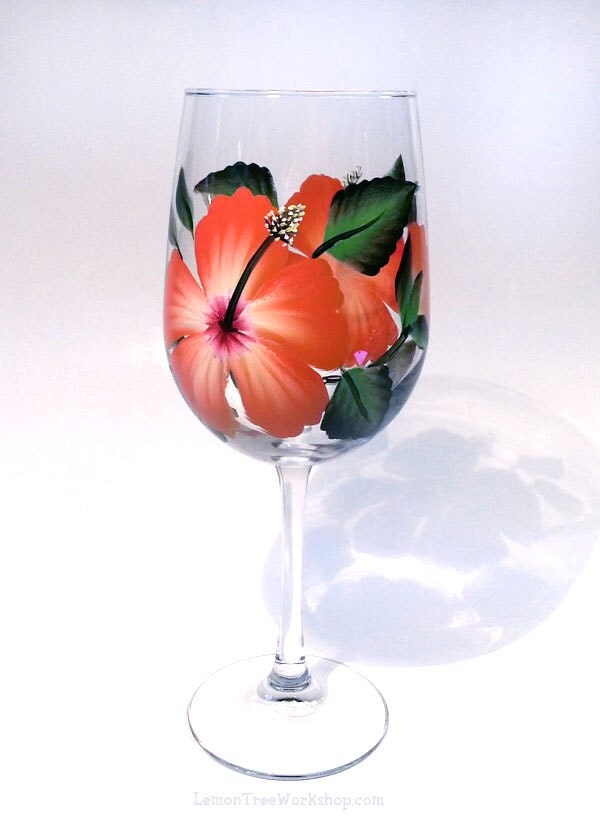 Hand Painted Orange Hibiscus Wine Glass Tropical Hawaiian
