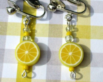 lemon earrings- lemon slice jewelry-clip on earrings-fruit jewelry-fruit posts-polymer clay-food earrings-cute gifts for kids-teen earrings