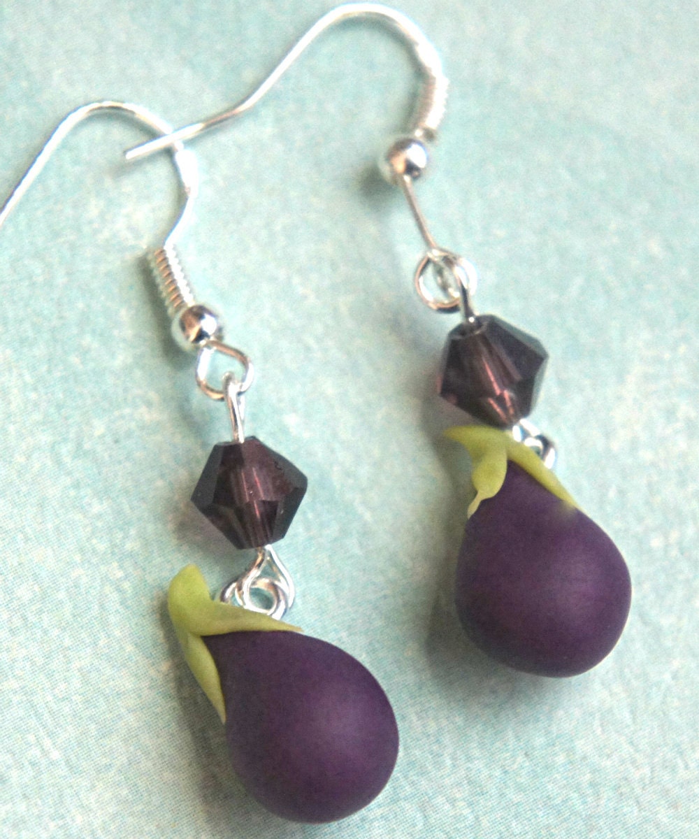 eggplant dangle earrings miniature food jewelry vegetable