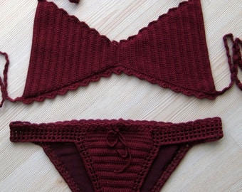 Crochet Bikini, Full Lined Burgundy Full Coverage Bottom, Women Bikini Set, Swimwear, Gifts for her /// FORMALHOUSE