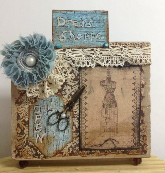 Sewing Theme Mixed Media Bookcase Art Sewing Room Decor
