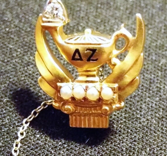 Vintage Delta Zeta 14k Sorority Pin with Diamond and Seed