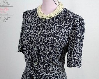 Vintage Navy Ditsy Heart Print Tie Waist Dress Size M/L