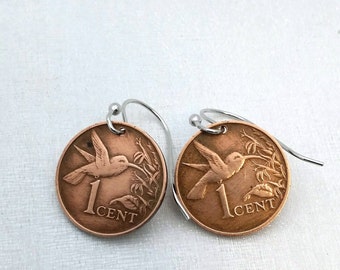HUMMINGBIRD COIN EARRINGS - Trinidad Tobago - bird earrings - sterling earwires - coin jewelry - hummingbird earrings - hummingbird jewelry