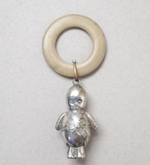 Antique silver plated baby rattle Teething ring EPNS babys