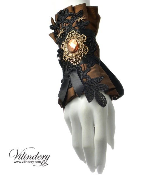 Cuff with antiqued cameo and dragonflies - Steampunk fantasy bracelet, Steampunk wedding, Victorian hand wrist jewelry, forest fairy by Vilindery steampunk buy now online