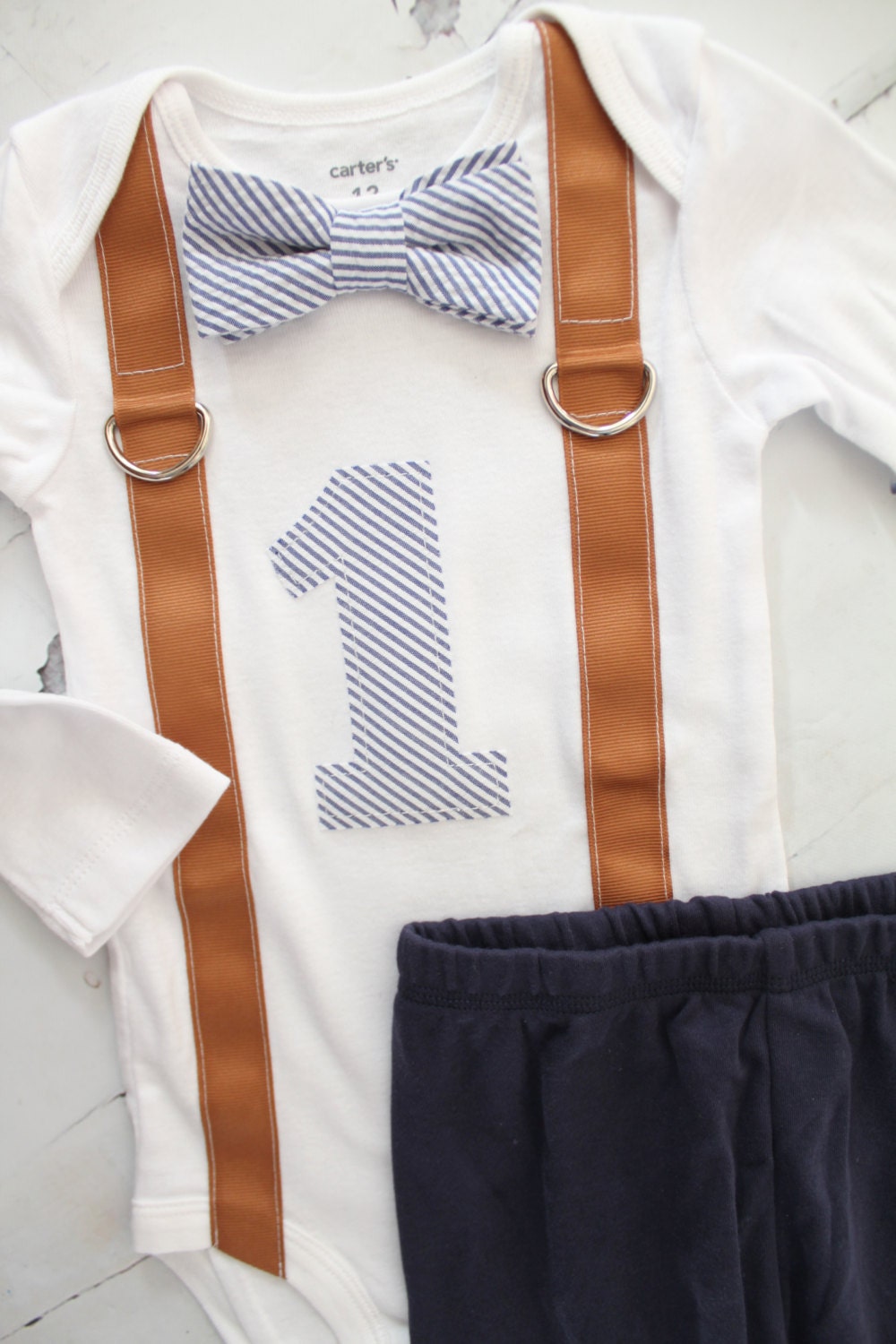 Baby Boy 1st Birthday Bow Tie 1 Applique and Suspenders