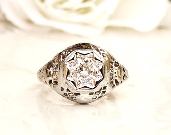 Antique Edwardian Engagement Ring Star Set 0.50ct Old European Cut Diamond Wedding Ring 18K White Gold Filigree Antique Diamond Ring Size 5