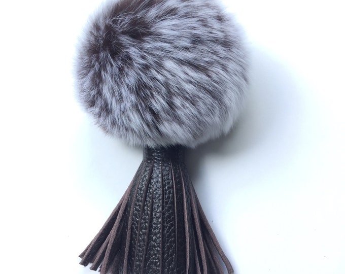 Brown Frost Rex Rabbit Fur Pompon bag charm pendant Fur Pom Pom keychain with real leather tassel