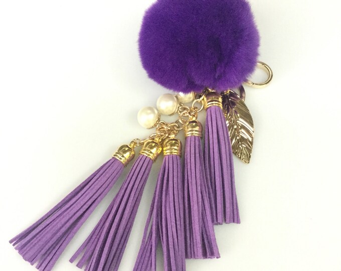 Fur Pom Pom "Purple Queen" charm ball pompon bag charm tassel keychain with tassel elements charms