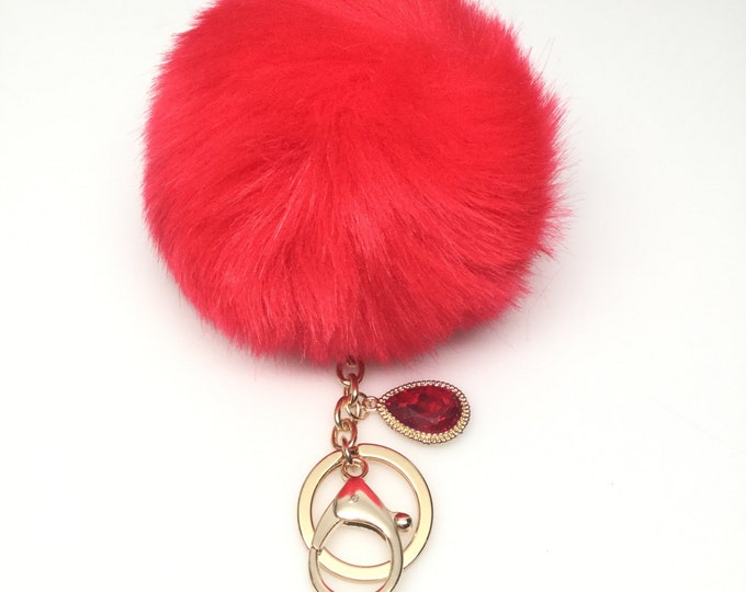 NEW! Faux Rabbit Fur Pom Pom bag Keyring keychain artificial fur puff ball in Red Crystals Collection