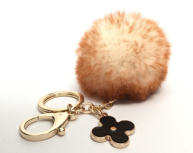 NEW Pom-Perfect Rusty Frost REX Rabbit fur pom pom ball with black flower keychain