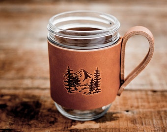 FREE Shipping!! Mountain Scenery Mug Hugger -- Saddle Leather Mug Jacket -- Mason Jar Ball Jar Cover -- Handmade in Portland Oregon