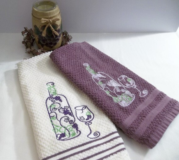 2 Embroidered Kitchen Dish Towels Wine Bottle Wine Glass