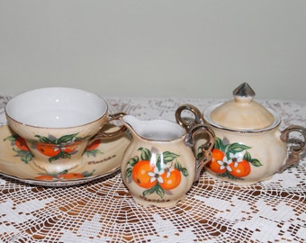 Vintage Japan Souvenir Florida Oranges Tea Cup / Creamer / Sugar Bowl