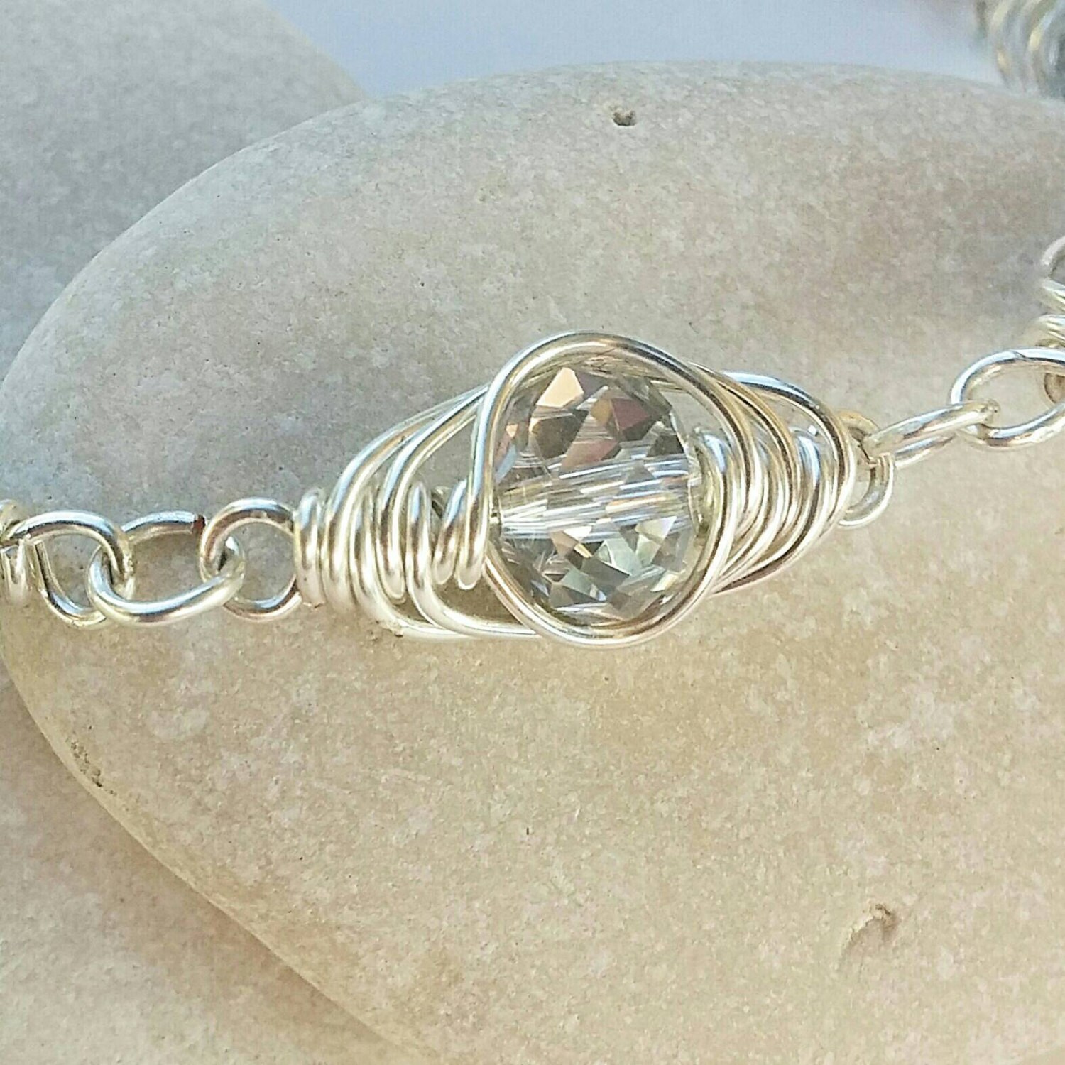Silver beaded bracelet beaded wire bracelet wire wrapped