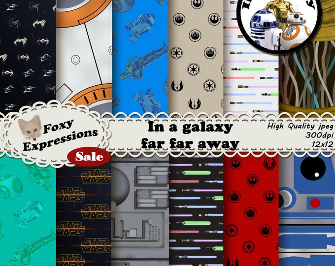 In a galaxy far far away digital paper pack includes r2d2, c3po, bb8, death star, lightsabers, tie fighters, x wings, rebel alliance, etc.