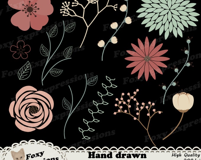 Hand drawn flower clip art in beautiful shades on warm pinks and vibrant greens. Designs include flowers, stems, leaves, buds, vines & more