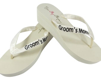 Wedge Wedge Flip Flops-Groom's Mom- Bride's Mom-custom made with satin and any color bling- black, white, ivory, gold, silver, pink