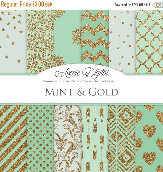 SALE Gold and Mint Digital Paper. Scrapbooking by AvenieDigital