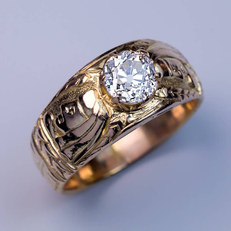 Unusual Antique Diamond Chased Gold Mens Ring