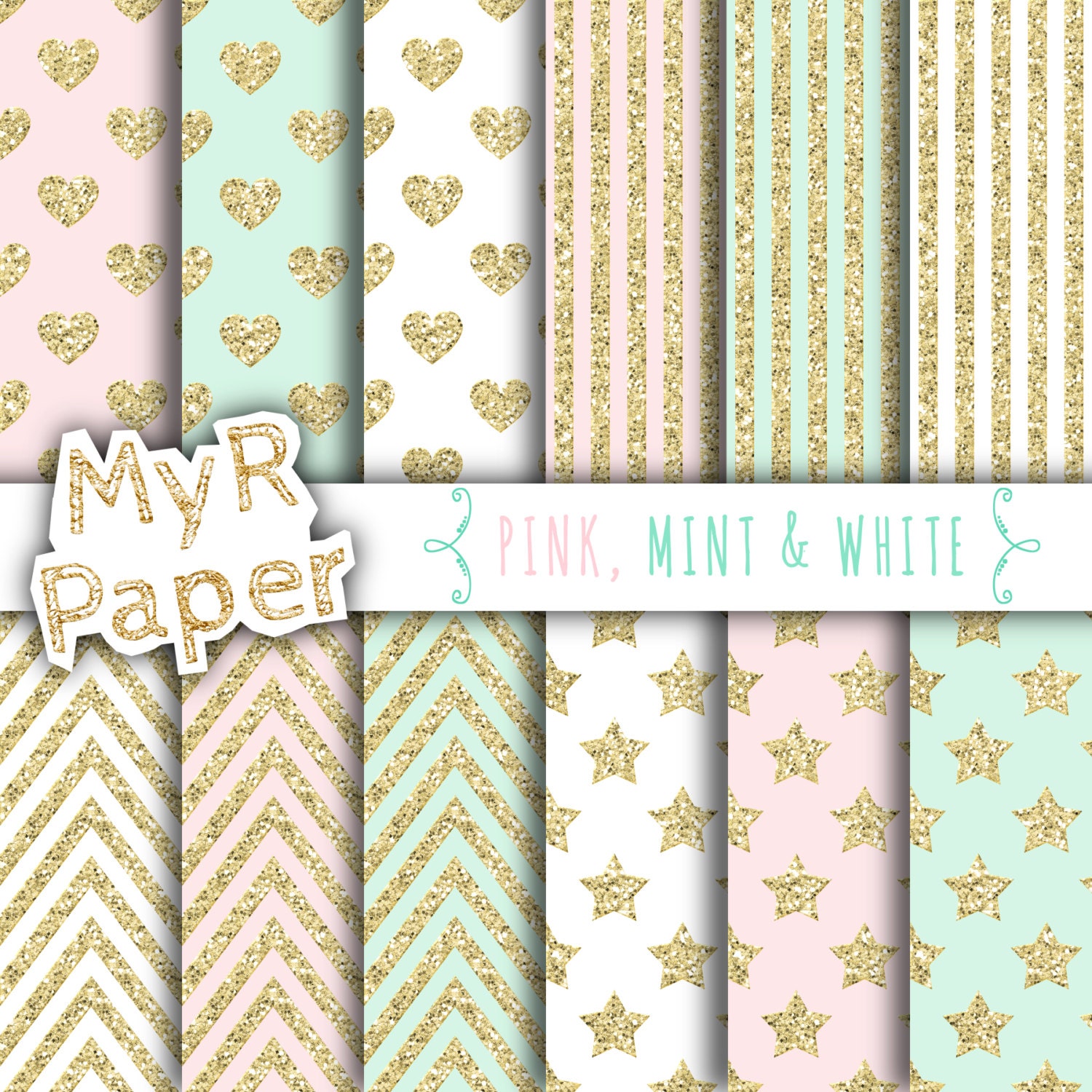 Download Gold glitter digital paper: PINK MINT & WHITE patterns by ...