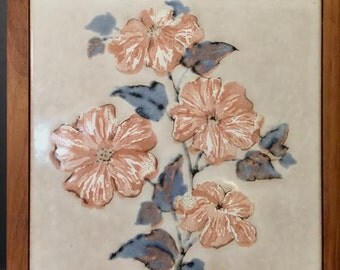 Hand Painted Stone Morning Glory Flowers in Oak Wood Framed Wall Hanging Trivet by The Country Craftsman Boxford Maine