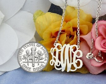 Small Sterling Silver 3 Initials Monogram Necklace 3/4 inch wide SM30C