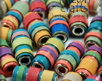 Handmade paper beads,multicoloured beads,coloured paper,meduim size,crafters,bright colours,metal bead cores