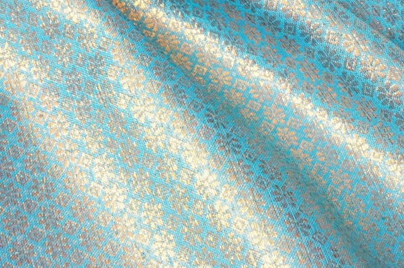 Light Blue and Gold metallic color of brocade fabric diamon