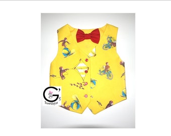 Curious George Monkey Vest Boys Baby Ring Bearer Wedding Toddler Bow Tie Tuxedo Vest Birthday Outfit Shirt Smash Cake