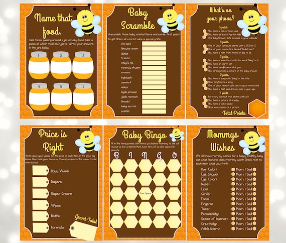 Bee Themed Baby Shower Games Print at Home by AntonDigitalDesigns