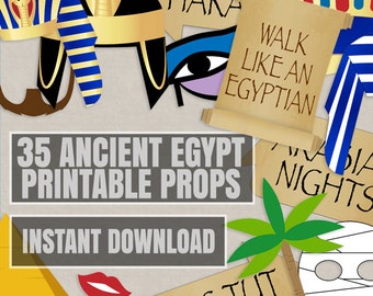 35 Ancient Egyptian Party Props, Egypt party photo booth printables, Egyptian themed party ideas, pharaoh hat props, ancient egypt theme diy