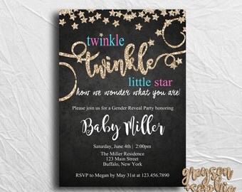 Twinkle Twinkle Little Star, Gender Reveal Invitation, Gold Glitter, Printable