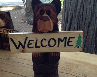 Chainsaw Carved Bear 15" with "Welcome" and two more signs