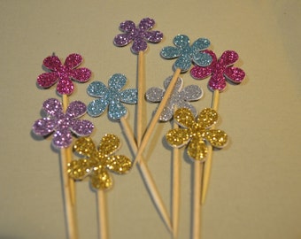 Funky Retro Cute Flower Cupcake Cake Toppers - Wedding, Birthday, Event. Set of 10