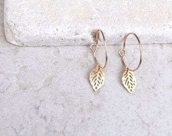 Leaves earrings, 14k Gold filled hoop earrings, dainty earrings, bridesmaids gift, stud earrings