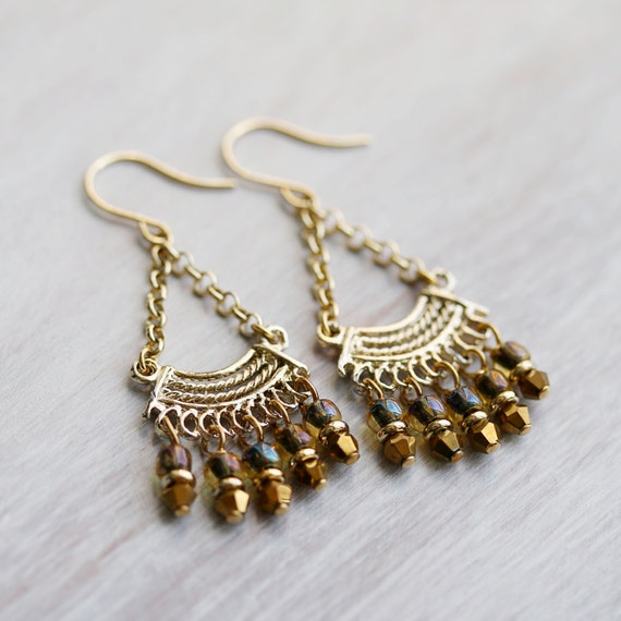 Chandelier Dangle Earrings with Vintage Style Gold Glass