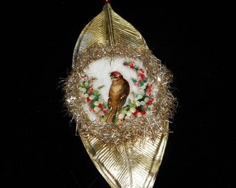 Antique Scrap Bird Ornament on Vintage Gold Leaf with Glass Bead and Cotton Batting