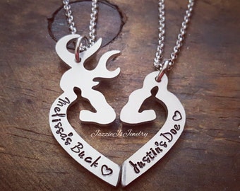 Personalized Her Buck His Doe Necklace Set, Personalized Gift Set for Couples, His and Hers Deer Necklaces, Handstamped Buck & Doe Necklace